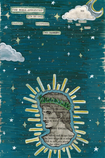 The image depicts a mixed media blackout poetry artwork on a teal background. The background is adorned with white stars, clouds, and a crescent moon, giving it a whimsical, night sky appearance. Pasted onto the center of the artwork is a vintage book page featuring a silhouette of a man's head in profile. The silhouette is filled with leaves and vines, adding an organic element to the composition. Radiating out from the silhouette are several gold rays, resembling a halo or sun.