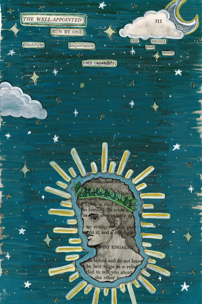 The image depicts a mixed media blackout poetry artwork on a teal background. The background is adorned with white stars, clouds, and a crescent moon, giving it a whimsical, night sky appearance. Pasted onto the center of the artwork is a vintage book page featuring a silhouette of a man's head in profile. The silhouette is filled with leaves and vines, adding an organic element to the composition. Radiating out from the silhouette are several gold rays, resembling a halo or sun. 