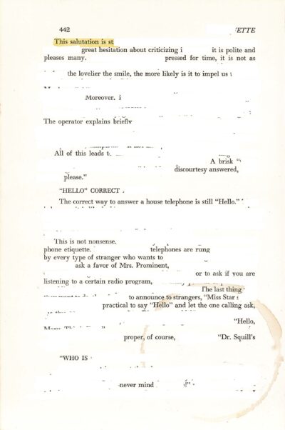 The image shows a page from an etiquette book, with some text partially obscured by whiteout. There are sections of text highlighted or emphasized, particularly discussing telephone etiquette. The page has a aged, slightly yellowed appearance with some staining or discoloration visible, especially at the bottom right corner. This creates a vintage or antique look to the document.