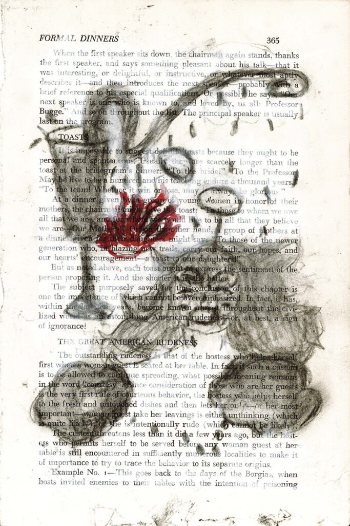 The image shows a page from a book titled "FORMAL DINNERS" with the page number 365 visible. Overlaid on the text is an artistic illustration of a flower, resembling a tulip or similar bloom. The flower is rendered in shades of gray for the stem and leaves, with a vibrant red used for the petals. This illustration is done in a loose, sketchy style that contrasts with the formal text of the book page. The flower appears to be growing up from the bottom of the page, with its stem weaving through the text and the bloom positioned centrally.