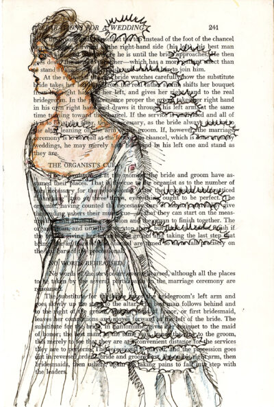 The image shows a page from a book or manual about wedding etiquette. Over the text, there is a hand-drawn illustration of a woman's profile and upper body. She appears to be a bride, with long, flowing hair and a detailed dress or gown. The illustration is done in a sketchy, line-drawing style with some shading. The woman's face is turned to the left, and her hair and dress extend down the page, overlapping much of the text.