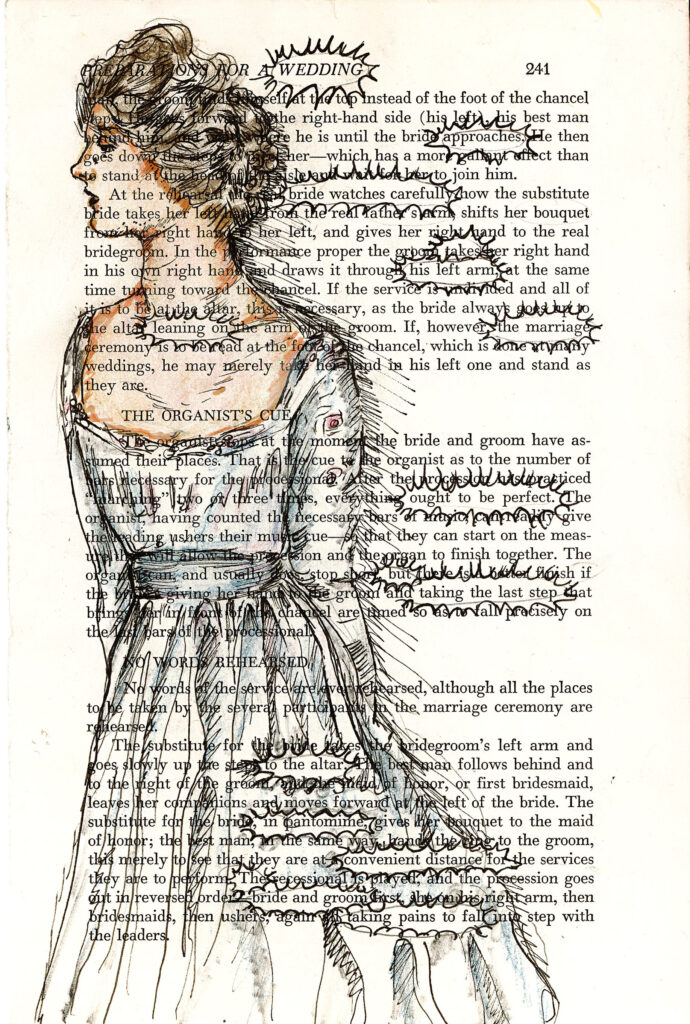 The image shows a page from a book or manual about wedding etiquette. Over the text, there is a hand-drawn illustration of a woman's profile and upper body. She appears to be a bride, with long, flowing hair and a detailed dress or gown. The illustration is done in a sketchy, line-drawing style with some shading. The woman's face is turned to the left, and her hair and dress extend down the page, overlapping much of the text. 