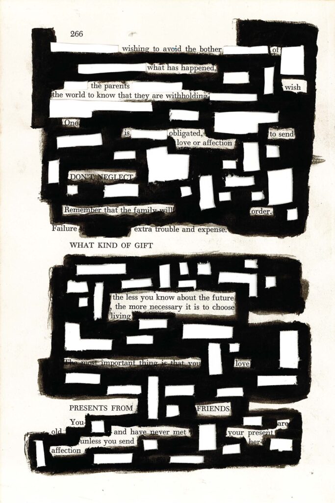 This image depicts a blackout poetry piece created on a page from a book. The majority of the text is obscured by black rectangles, leaving only select words and phrases visible. The result is a stark black and white composition with a grid-like pattern of blacked-out areas interspersed with exposed text. The page number 266 is visible at the top, and the overall effect is one of abstract visual art combined with found poetry.