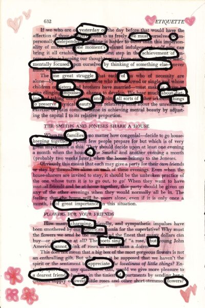 This image shows a page from a book about etiquette, with a pink watercolor wash overlay. Several sections of text are circled or underlined in black, creating a blackout poetry effect. Small pink heart doodles and flower sketches decorate the margins and corners of the page. The overall appearance is a blend of printed text, handwritten annotations, and artistic embellishments on a single book page.