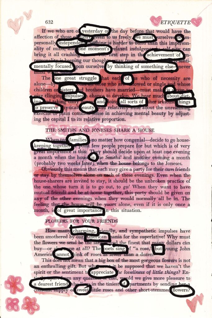 This image shows a page from a book about etiquette, with a pink watercolor wash overlay. Several sections of text are circled or underlined in black, creating a blackout poetry effect. Small pink heart doodles and flower sketches decorate the margins and corners of the page. The overall appearance is a blend of printed text, handwritten annotations, and artistic embellishments on a single book page.