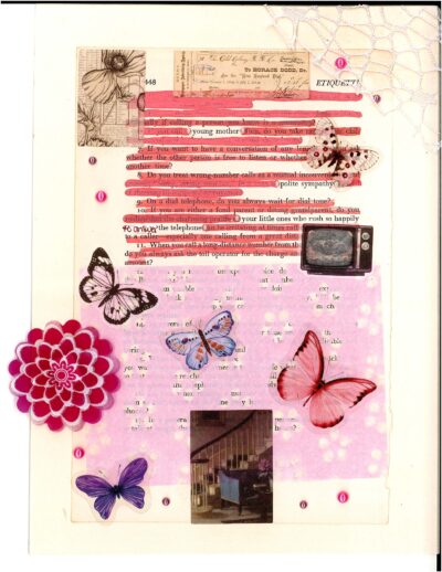 This image shows a collage-style artwork combining various elements. The background is a vintage document with text partially obscured by pink highlighting. Decorative elements include butterfly illustrations in different colors, a red flower shape, and a small retro TV image. There's also a sketch of a poppy flower in the top left corner. Two small photographic images are incorporated: one of stairs and another indistinct scene on the TV.