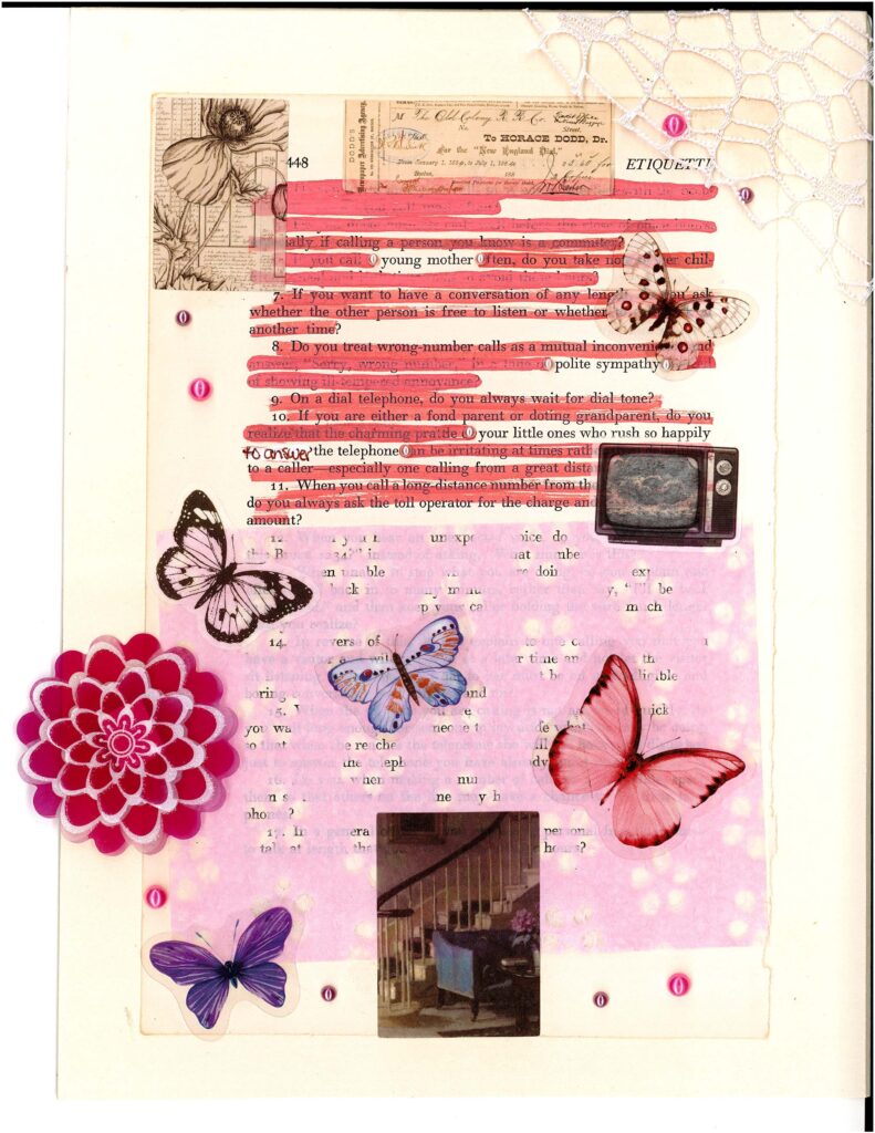 This image shows a collage-style artwork combining various elements. The background is a vintage document with text partially obscured by pink highlighting. Decorative elements include butterfly illustrations in different colors, a red flower shape, and a small retro TV image. There's also a sketch of a poppy flower in the top left corner. Two small photographic images are incorporated: one of stairs and another indistinct scene on the TV. 