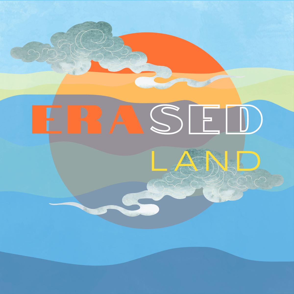 An graphic pop art image of a sun setting into the sea with decorative clouds and text reading Erased Land