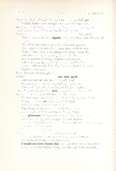 This image shows a blackout poem created on a page of T.S. Eliot's work. The majority of the page's text has been painted over in white-out. Select words and phrases remain uncovered, and form a new poetic message against the stark, white background.