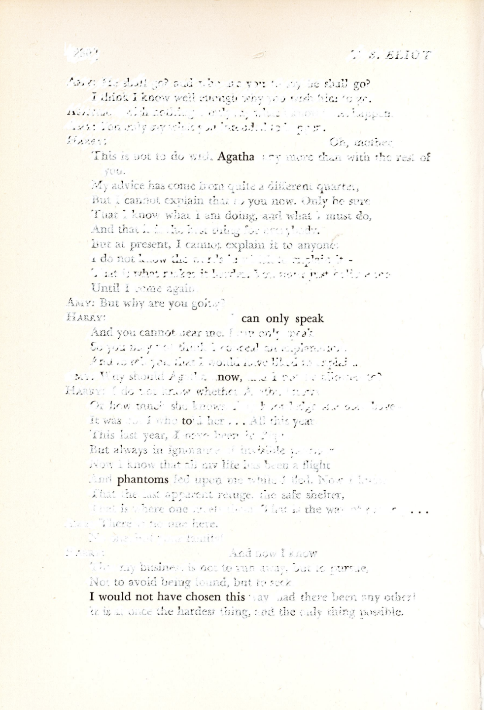 This image shows a blackout poem created on a page of T.S. Eliot's work. The majority of the page's text has been painted over in white-out. Select words and phrases remain uncovered, and form a new poetic message against the stark, white background.