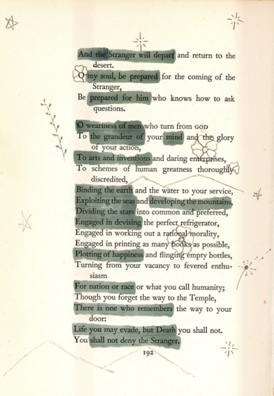 This image shows a blackout poetry piece. The background includes small pencil illustrations of stars and plants. Select words and phrases from the original poem have been highlighted in green, forming a new poetic message.