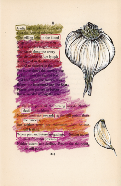 This image shows a blackout poetry piece created on a page with the header "II". Next to the poem, a printed illustration of a garlic has been pasted and lightly colored in. The page's words are mostly drawn over in green, pink, and purple crayons, with select words and phrases left uncovered to reveal a new poetic message against the illustrated background.