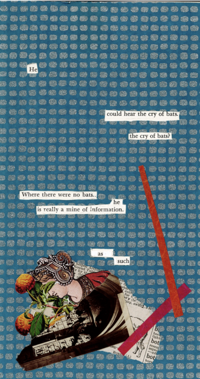 This image shows a blackout poetry piece. The original page of text has been mostly collaged over by a silver-dotted blue paper. At the bottom of the page, a small collage has been made of torn images of a flower, a face, windows, and red rectangles. Some of the blue and silver paper has been cut out to reveal select words and phrases from the original page underneath it, creating a new poetic message against the collage.