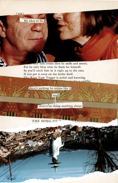 This image shows a blackout poetry piece created on a page labeled as page 154. The original text of the page is predominantly collaged over with images of wallpaper print, a statue in the center of wreckage, and a woman whispering to a man. The man's eyes have been cut out to reveal a phrase from the original page reading: "He likes to lie". Select words, phrases, and paragraphs from the original page have been left uncovered to form a new poetic message against the collaged background.