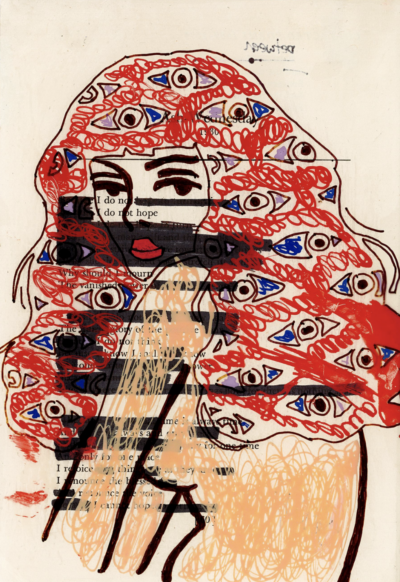 This image shows a portrait drawn on a page with the header "Ash Wednesday 1930". The page's original poem has been almost completely covered by the portrait of a woman glancing over her shoulder. The woman's bright red hair is covered in blue eyes, which, much like the woman, stare at the viewer. The only words left visible from the original poem are "I do not / I do not hope", and these words appear on the left side of the woman's face, forming a new poetic message against the illustration.