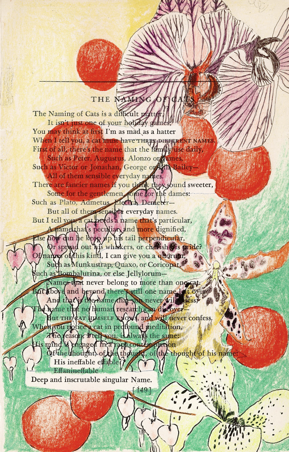 This image shows a blackout poetry piece created on a page with the header "THE NAMING OF CATS". The page has been almost completely covered by a colored pencil illustration of flowers. Large orchids of various kinds, as well as bleeding-heart flowers, cover the page. The background is filled in with red spots and a teal-yellow gradient. Select words and phrases from the page have been left uncovered, revealing a new poetic message against the illustrated background.