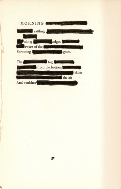This image shows a blackout poem created on a page with the header "MORNING AT THE WINDOW". The page's original text has been mostly covered by brown marker, with select words and phrases left uncovered to form a new poetic message.