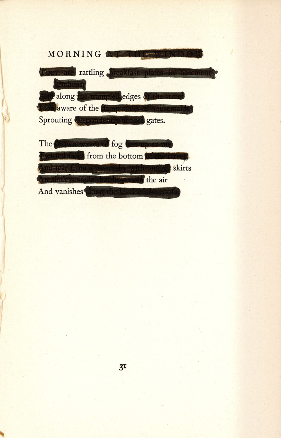 This image shows a blackout poem created on a page with the header "MORNING AT THE WINDOW". The page's original text has been mostly covered by brown marker, with select words and phrases left uncovered to form a new poetic message.