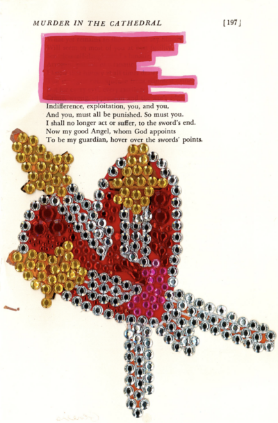 This image shows an art piece made on a page with the header "MURDER IN THE CATHEDRAL". The art piece is made from gold, silver, red, and pink rhinestones, and it resembles the Catholic symbol of the Sacred Heart of Jesus. Above the symbol, one of the page's paragraphs is painted over in red and pink, while the other is left completely untouched. This visible paragraph accompanies the sparkling art piece.