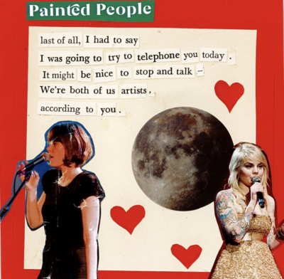This image shows a collage poetry piece. Parts of various poems have been cut and pasted together to form a new poetic message. Images of two female singers, red hearts, and the moon are also pasted around the poem.