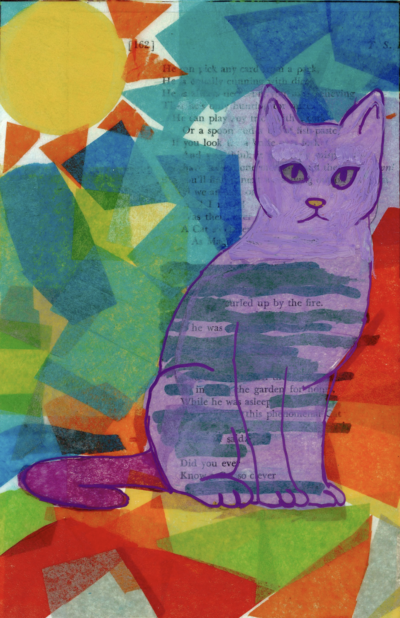 This image shows an illustration of a purple cat. The background paper includes a poem, but its words are obscured by a collage of tissue-paper geometric shapes, forming a patterned background and sun behind the drawing of the purple cat.