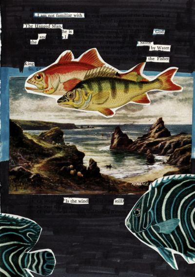 This image shows a blackout poem created against a collage. The majority of the original page of text has been drawn over in black marker, or collaged over with large images of fish and a seaside landscape. Select words and phrases have been left uncovered, forming a poetic message against the collaged background.
