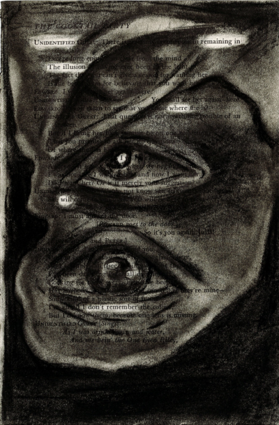 This image shows a blackout poetry piece made through a charcoal illustration. The original page with the header "The Cocktail Party" is mostly drawn over with dark gray charcoal, in a portrait of facial creases and three large eyes. Select words remain uncovered, forming a new poetic message against the charcoal piece.