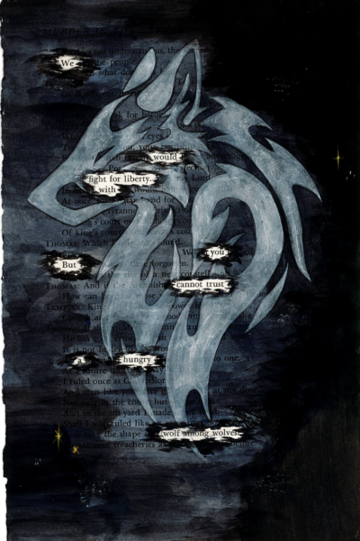 This image shows a blackout poem made through a painting of a wolf. The original text of the page is predominantly painted over in a pale blue and black portrait of a wolf, with some words and phrases left uncovered. These words form a new poetic message which goes along with the art piece.