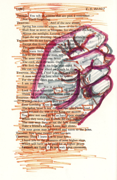 The image displays a blackout poetry piece created around a drawing of a clenched gray and magenta fist. The page's text is partially inked out by this drawing, as well as a sheer wash of orange marker. Select words are left visible, creating a short poem within a page of rich dialogue.