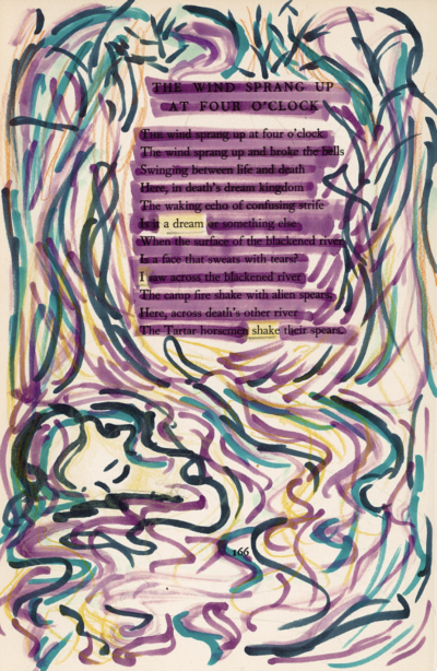 This image shows a blackout poetry piece created on a page with the header "THE WIND SPRANG UP AT FOUR O'CLOCK". The background is predominantly painted over in streaks of multicolored markers, and the majority of the text is drawn over in purple marker. Select words have been left uncovered, forming a new poetic message.