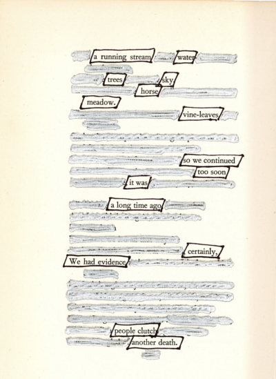 This image shows a blackout poetry piece. The page's original text has mostly been drawn over in silver marker, with select words left uncovered to create a new poetic message.