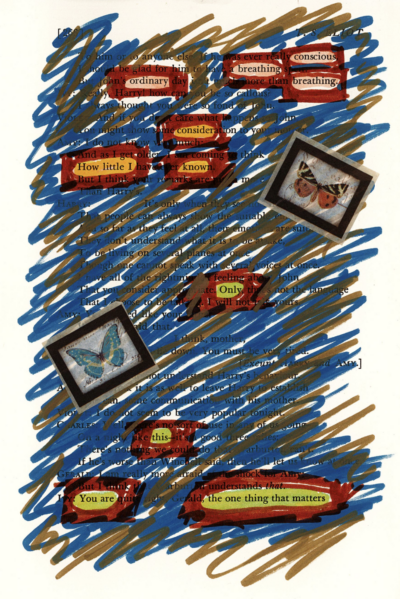 This image shows a blackout poetry piece created on a page of a T.S. Eliot verse drama. The page has been scribbled over with blue and gold marker. Two images of butterflies are pasted onto the page. Select words and phrases from the original text are left uncovered by the blue and gold markers, and are instead highlighted and outlined for emphasis, forming a new poetic message against the illustrated background.