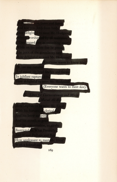 This image shows a blackout poetry piece. The page's original poem has been mostly covered by black marker, with select words and phrases left uncovered to reveal a new poetic message.