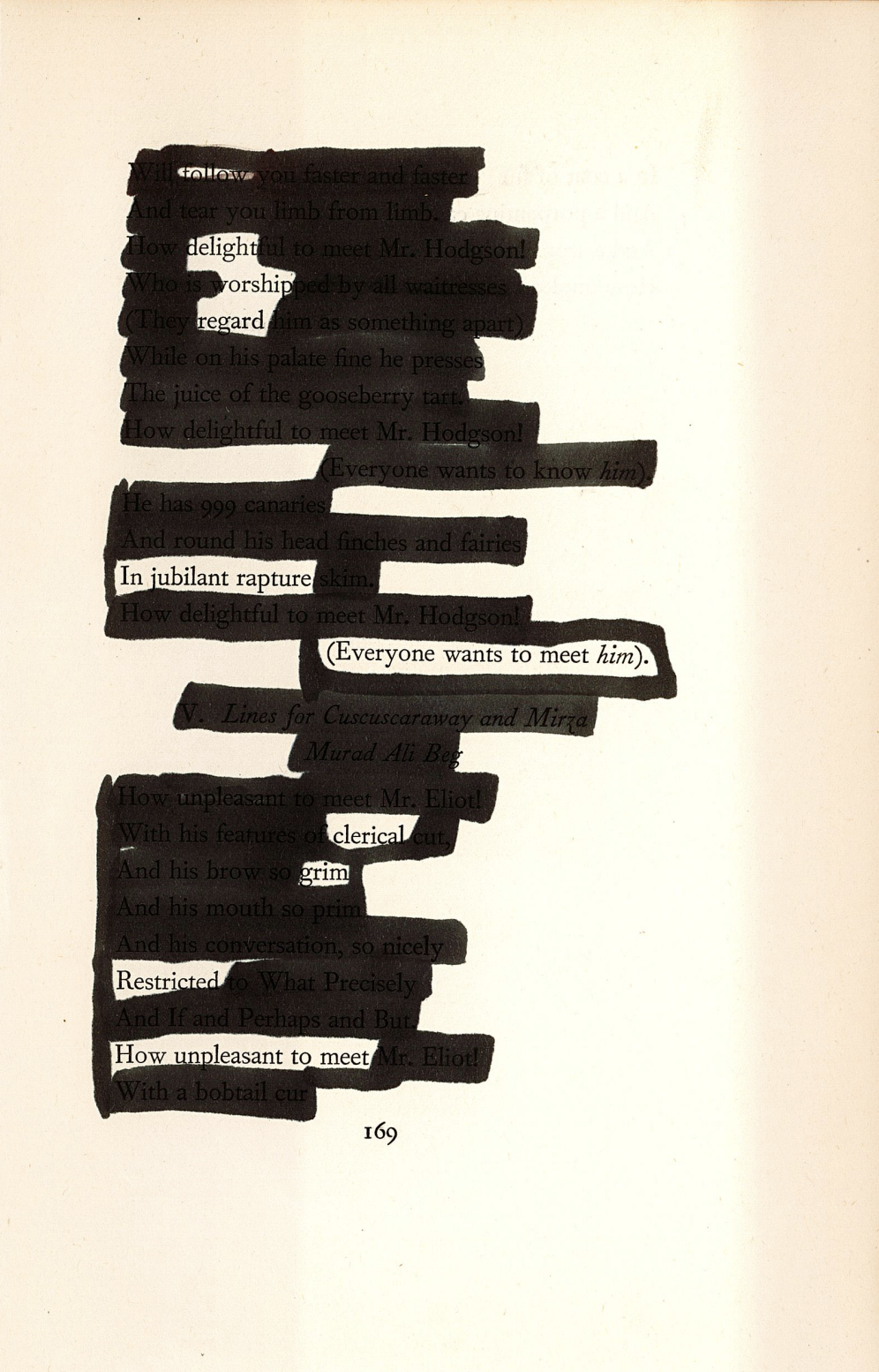 This image shows a blackout poetry piece. The page's original poem has been mostly covered by black marker, with select words and phrases left uncovered to reveal a new poetic message.