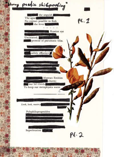 This image shows a blackout poetry piece created on a page with the header "COLLECTED POEMS 1909-1935". The page is collaged with floral-patterned tape and an image of orange blooms. The page's text has been mostly drawn over in black marker, but select words and phrases remain uncovered, creating a new poetic message.