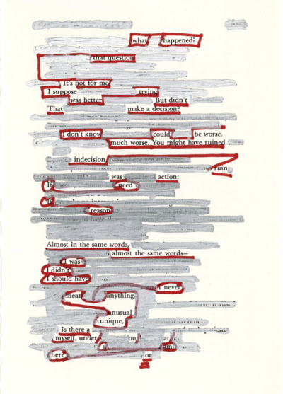 This image shows a blackout poetry piece. The original poem has been predominantly painted over in silver, with the leftover words being underlined and circled by red marker. These highlighted words form a new poetic message.