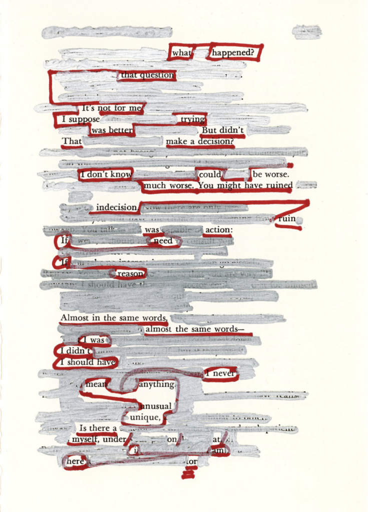 This image shows a blackout poetry piece. The original poem has been predominantly painted over in silver, with the leftover words being underlined and circled by red marker. These highlighted words form a new poetic message.