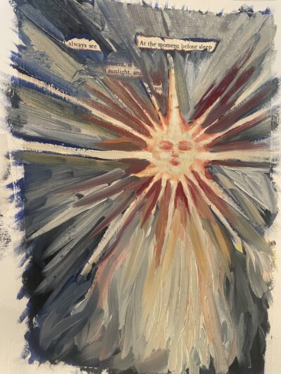 This is a blackout poem using TS Eliot's work as base text. The image is of a sunburst. The sun has human facial features.