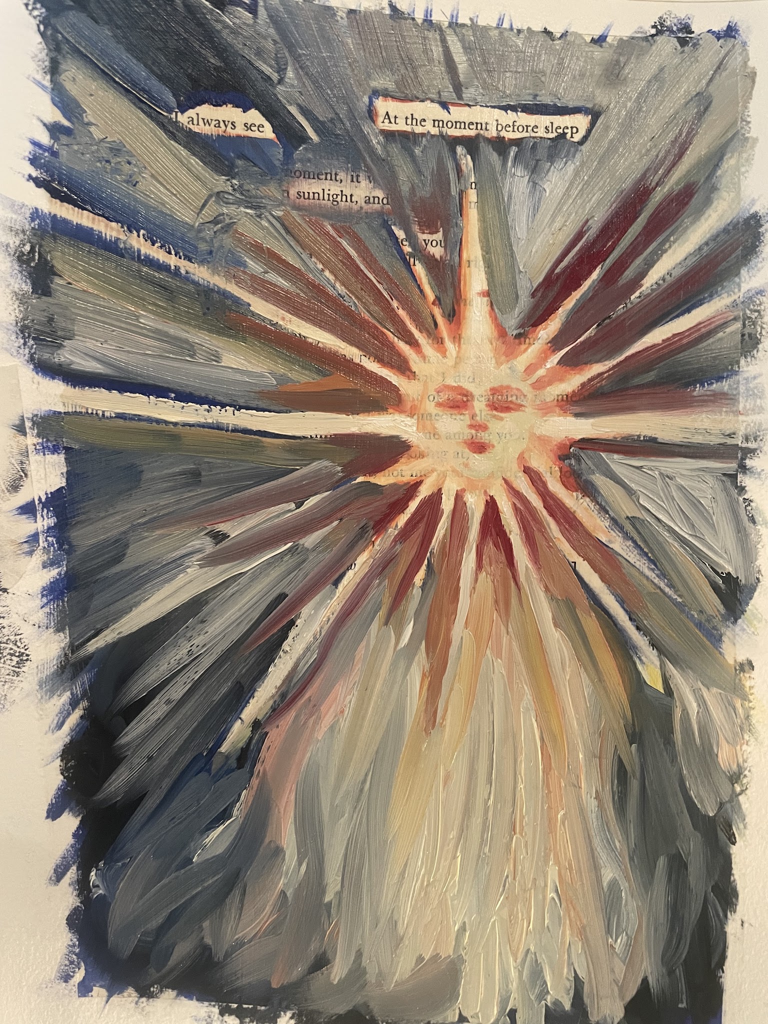 This is a blackout poem using TS Eliot's work as base text. The image is of a sunburst. The sun has human facial features.