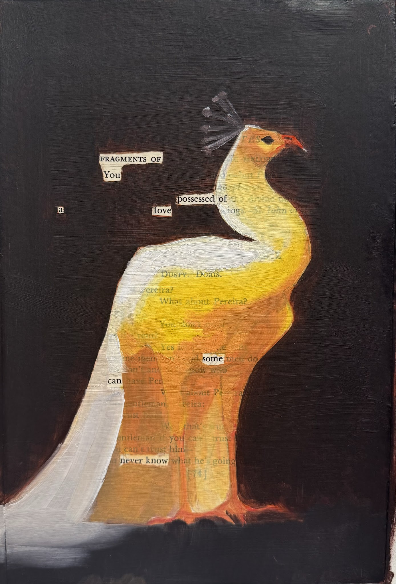 This is a blackout poem using TS Eliot's work as base text. The image is of a golden bird with a large crest on a dark background.