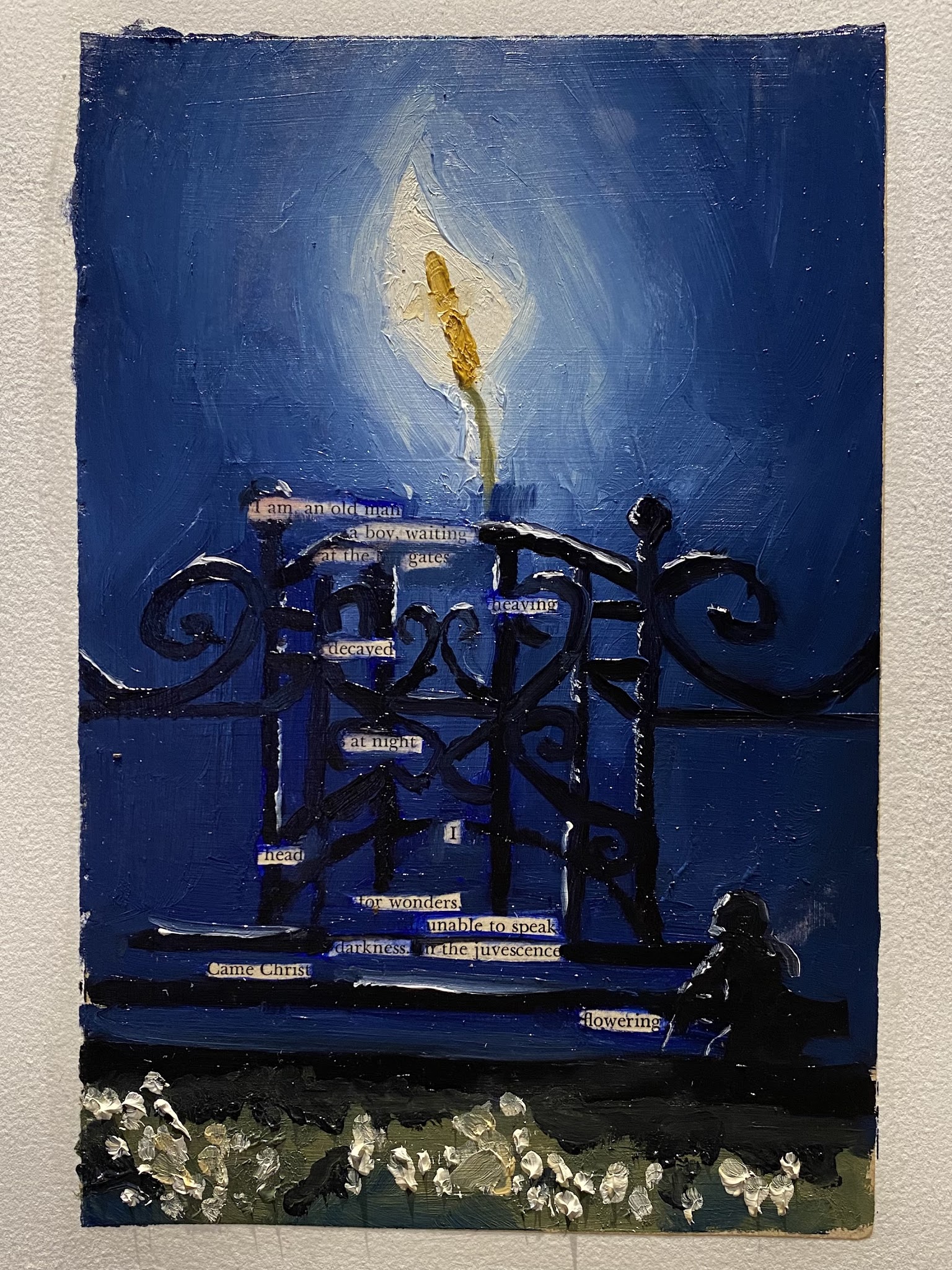 This is a blackout poem using TS Eliot's work as base text. The image is of alarge iron gate with a flame at its top. A figure kneels at the lower right of the gate.