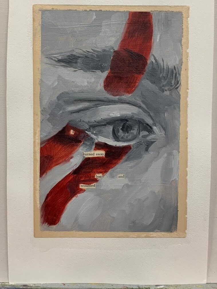 This is a blackout poem using TS Eliot's work as base text. The image is of a closeup of an eye, with red diagonal bands running top right ot bottom left.