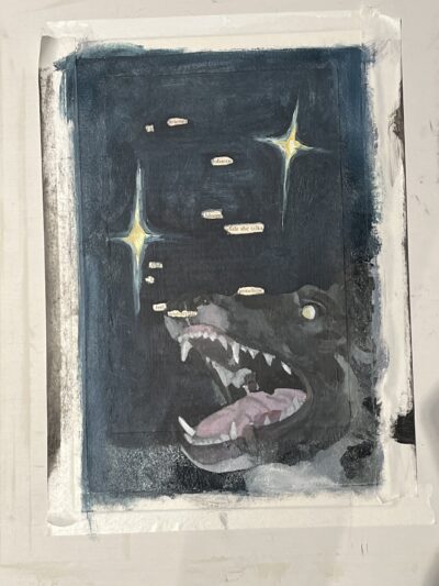 This is a blackout poem using TS Eliot's work as base text. The image is of a dog with an open mouth barking under two stylized stars.