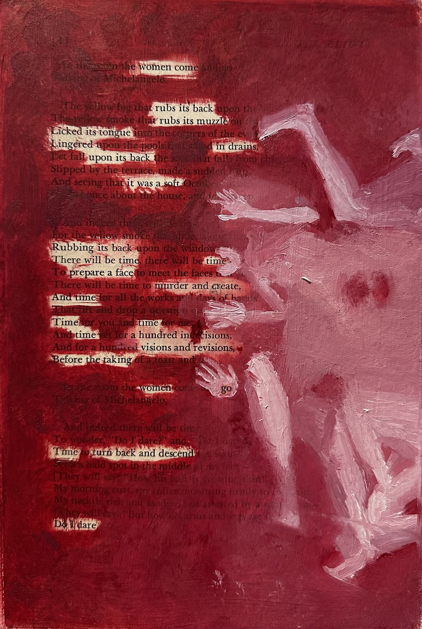 This is a blackout poem using TS Eliot's work as base text. The image of an abstract tangle of limbs on a red background.
