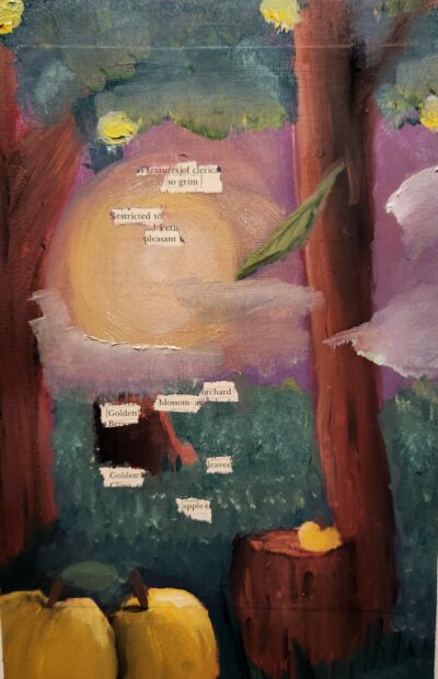 This is a blackout poem using TS Eliot's work as base text. The image of trees and apples with a low sun and clouds.