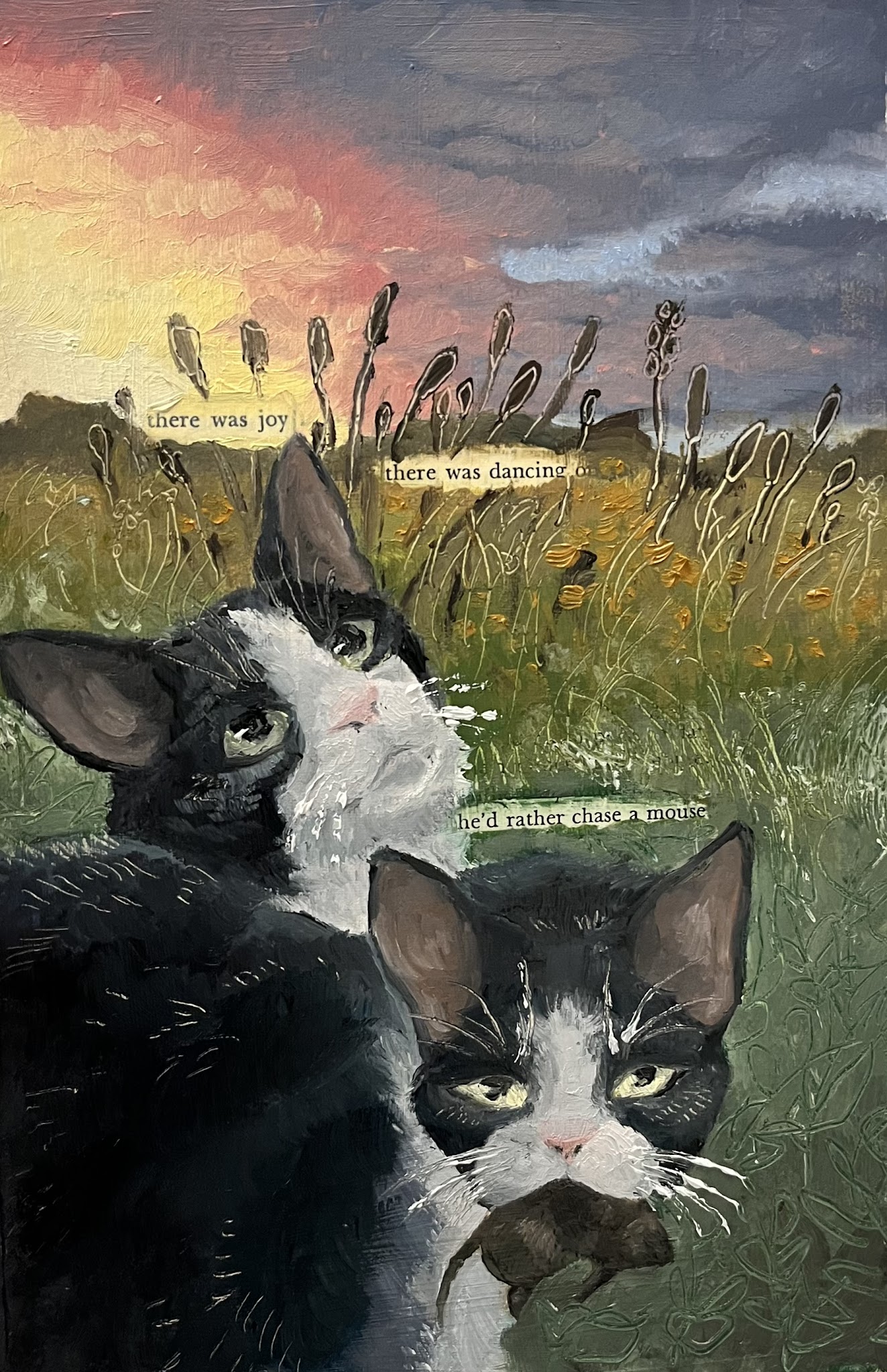 This is a blackout poem using TS Eliot's work as base text. The image is of two cats in a field at sunset. One looks at the sky. One holds an mouse in its mouth.