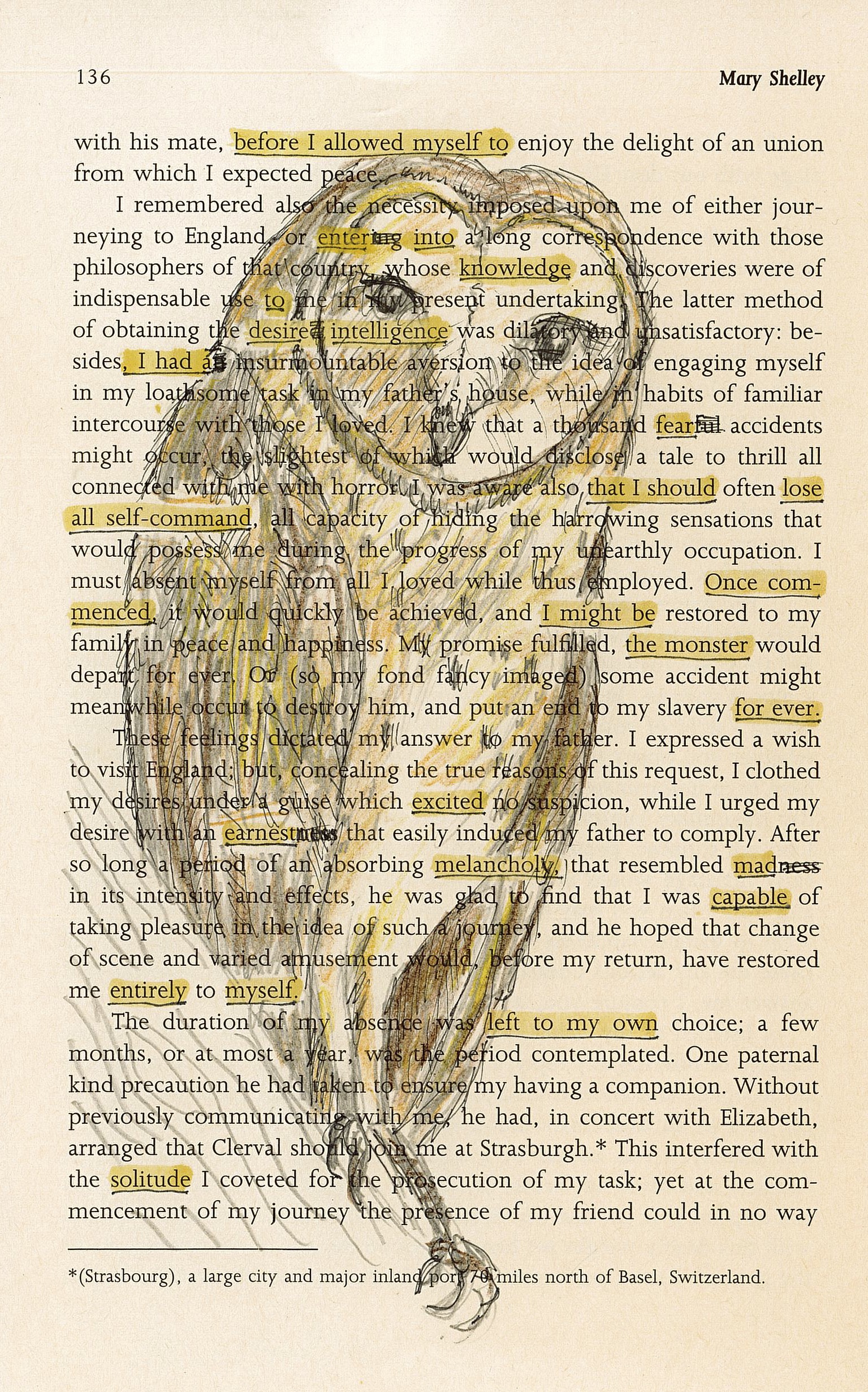before I allowed myself to

enter into
knowledge
to
desire intelligence
, I had a

fear

that I should lose
all self-command

Once com-
menced, I might be
the monster

for ever.

excited
earnest
melancholy, mad
capable

entirely myself.

left to my own

solitude