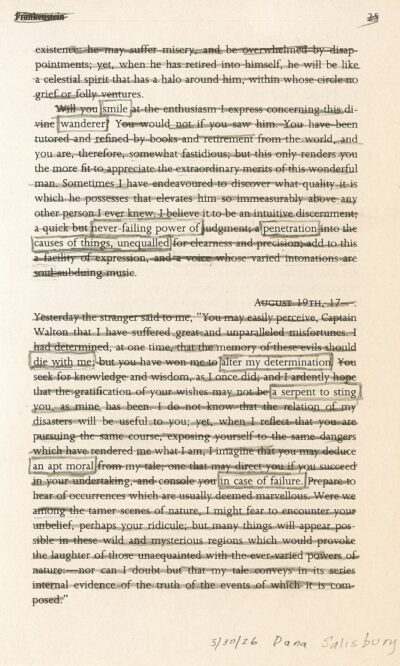 This image shows a blackout poetry piece created on page 25 of Mary Shelley’s “Frankenstein”. The background is predominantly drawn over in charcoal pencil, with visible brushstrokes. Select words and phrases have been left uncovered, creating a new poetic message against the drawn-over background.