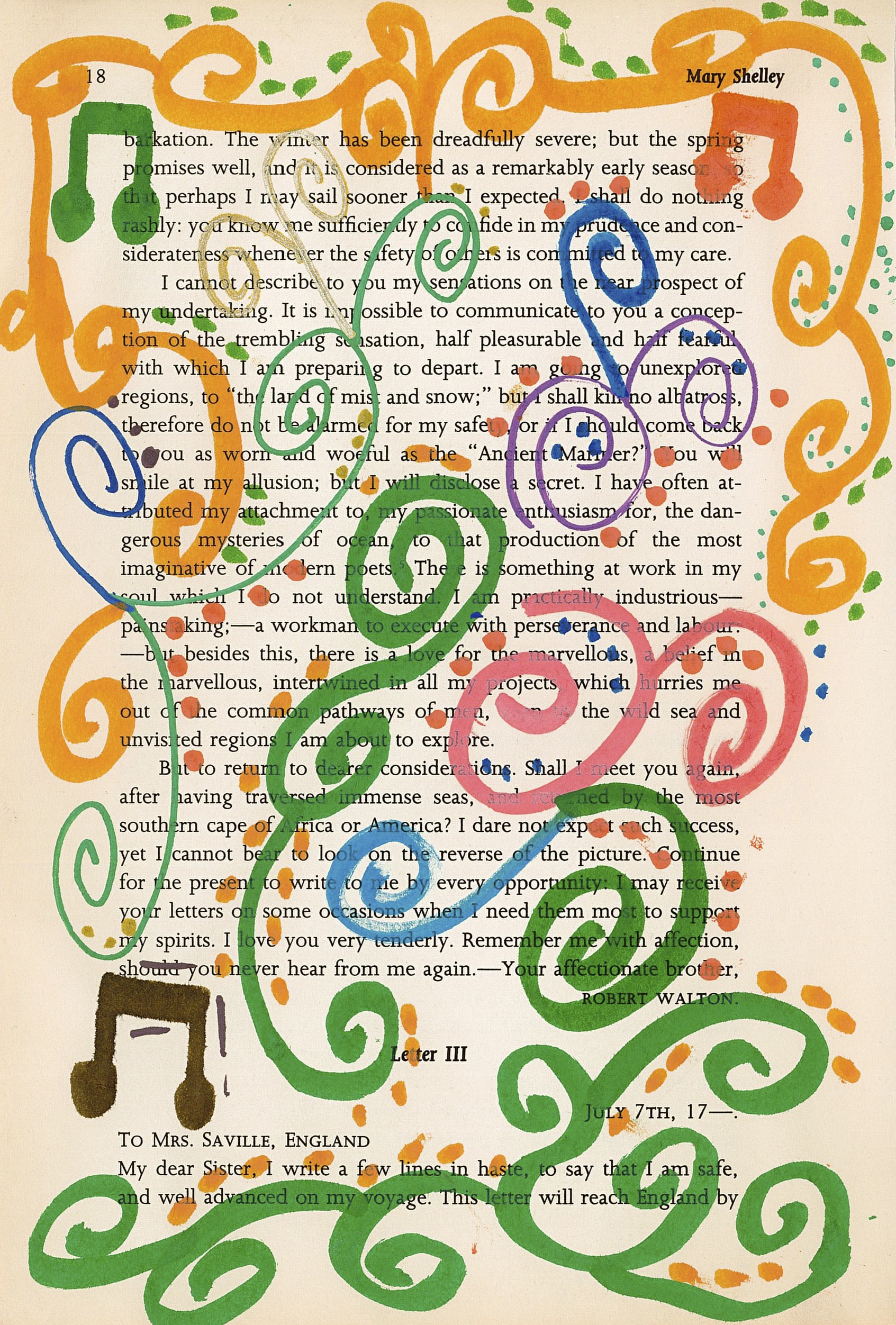 An illustration of orange, green, blue, gold, and pink swirls & music notes. Drawn on page 18 of Mary Shelley's "Frankenstein".