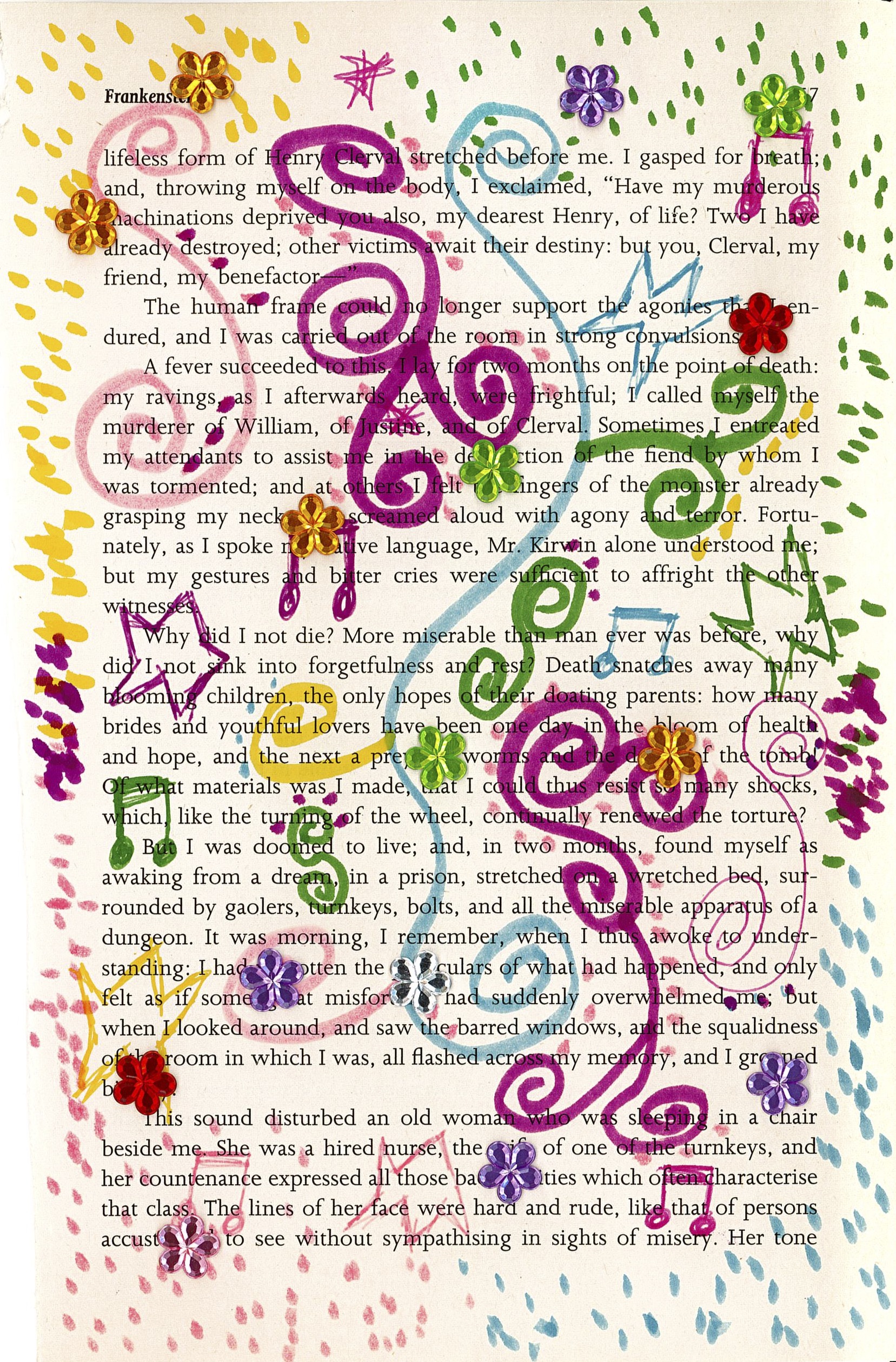 An illustration of purple, pink, blue, green, and yellow swirls & music notes. Multicolored glitter flower stickers pasted across the page. Drawn on page 157 of Mary Shelley's "Frankenstein".